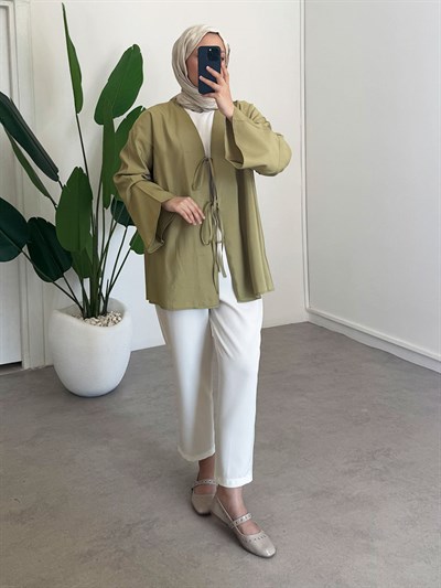 Baglama Detay Kimono - Olive