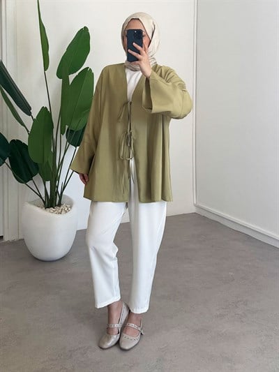 Baglama Detay Kimono - Olive