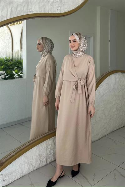 BAĞLAMALI ELBİSE 9-15503 - BEJ