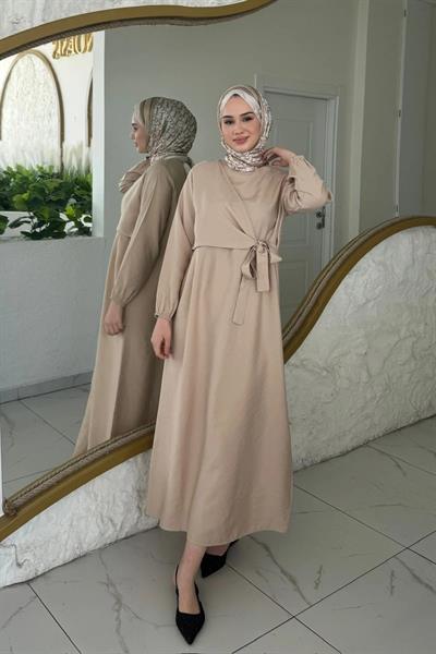 BAĞLAMALI ELBİSE 9-15503 - BEJ