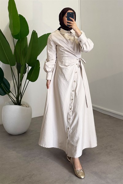 Bağlamalı Elbise - Bej