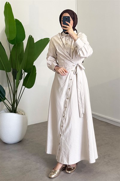 Bağlamalı Elbise - Bej