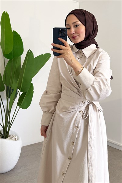 Bağlamalı Elbise - Bej