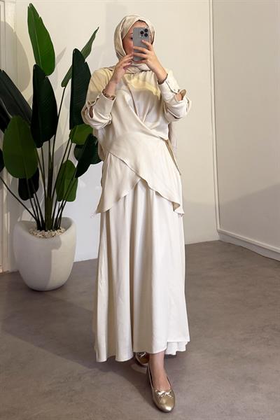 Bağlamalı Saten Takım - Bej