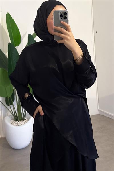 Bağlamalı Saten Takım - Siyah