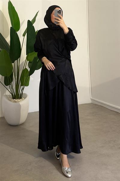 Bağlamalı Saten Takım - Siyah