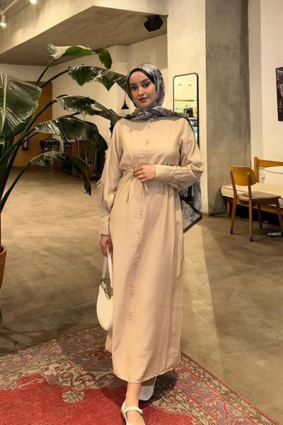 BALON KOL ELBİSE 9-15502 - BEJ