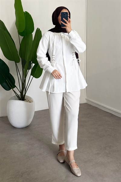 Bel Büzgülü Gömlek - Beyaz