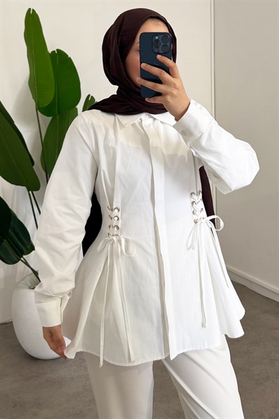 Bel Büzgülü Gömlek - Beyaz