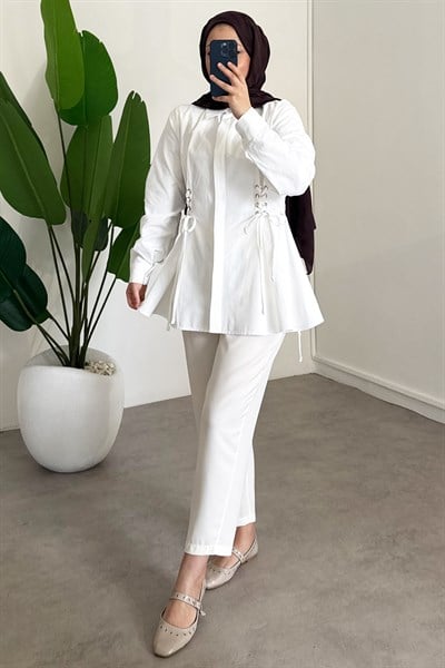 Bel Büzgülü Gömlek - Beyaz