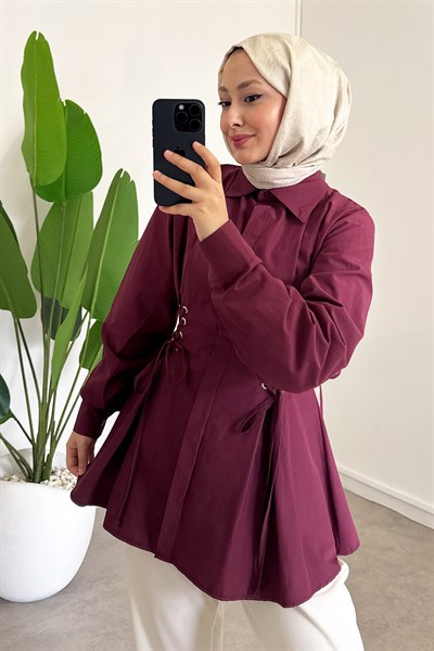 Bel Büzgülü Gömlek - Bordo