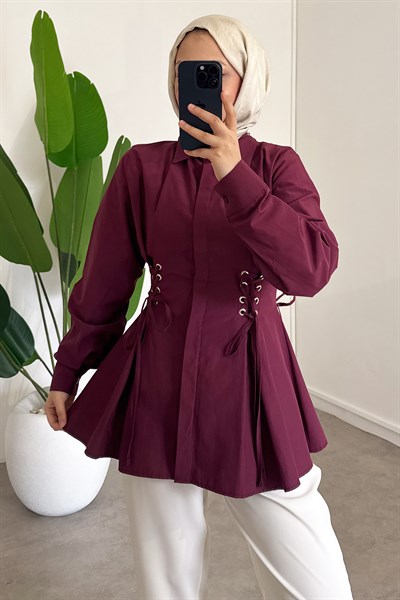 Bel Büzgülü Gömlek - Bordo