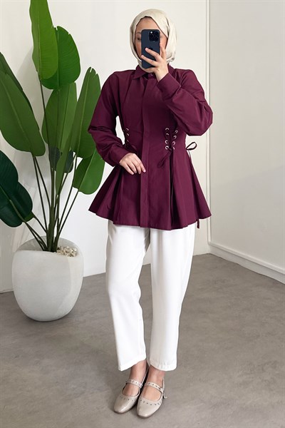 Bel Büzgülü Gömlek - Bordo