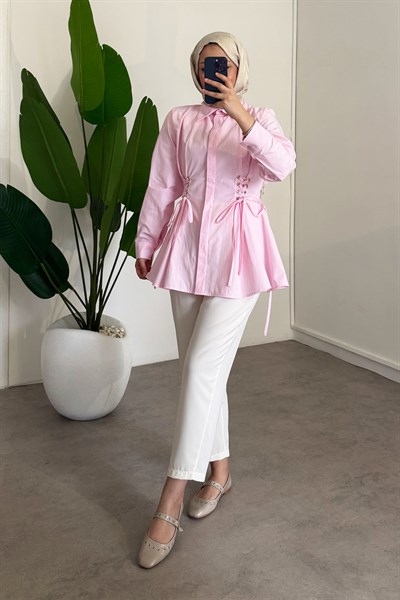 Bel Büzgülü Gömlek - Pembe