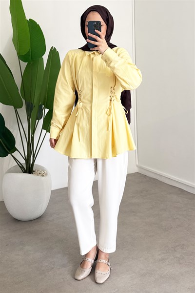 Bel Büzgülü Gömlek - Sarı