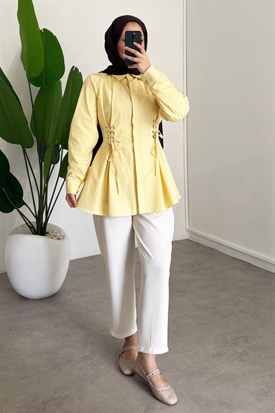 Bel Büzgülü Gömlek - Sarı