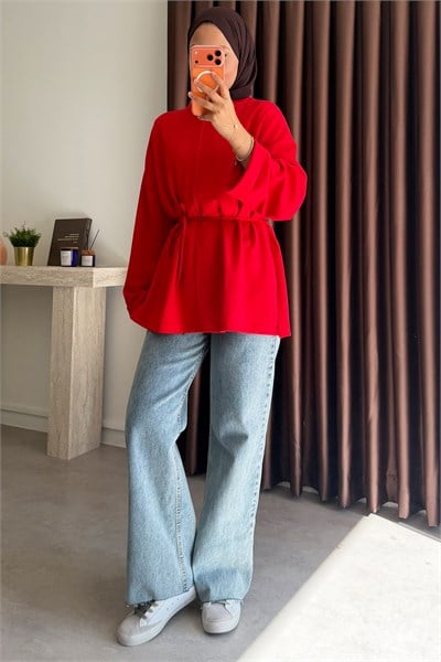 Biyeli Bagcıklı Tunik - Kırmızı