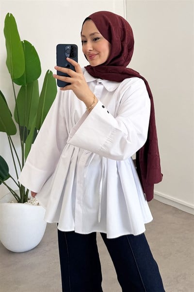 Biyeli Pileli Gömlek - Beyaz