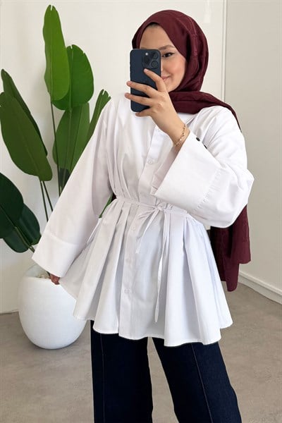 Biyeli Pileli Gömlek - Beyaz