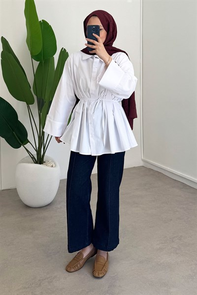 Biyeli Pileli Gömlek - Beyaz