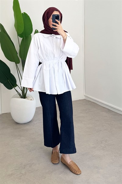 Biyeli Pileli Gömlek - Beyaz