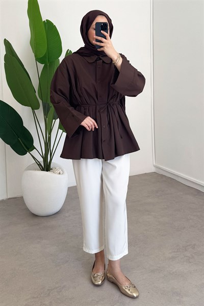 Biyeli Pileli Gömlek - Kahverengi