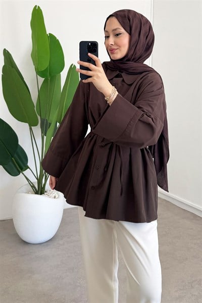 Biyeli Pileli Gömlek - Kahverengi