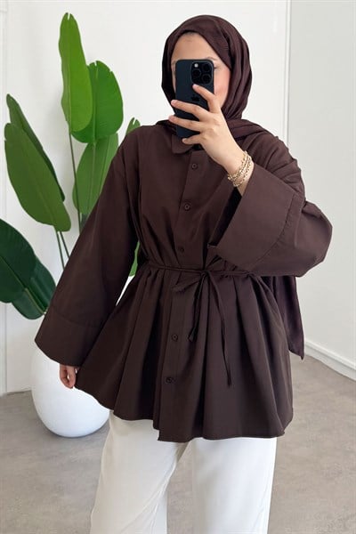 Biyeli Pileli Gömlek - Kahverengi