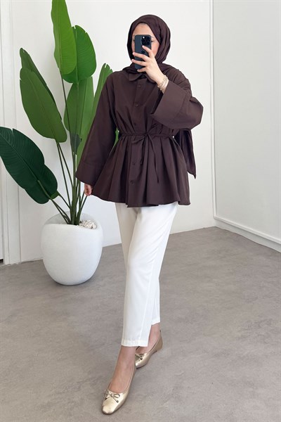 Biyeli Pileli Gömlek - Kahverengi