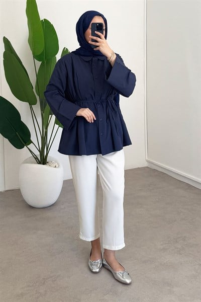 Biyeli Pileli Gömlek - Lacivert