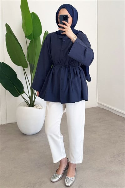 Biyeli Pileli Gömlek - Lacivert