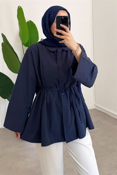 Biyeli Pileli Gömlek - Lacivert