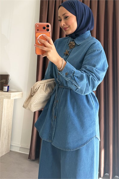 Broşlu Denim Takım - Açık Kot
