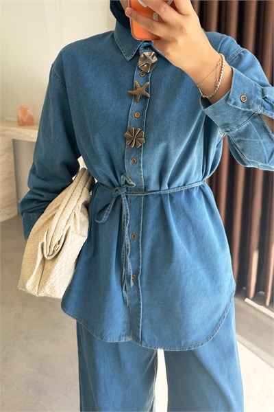 Broşlu Denim Takım - Açık Kot