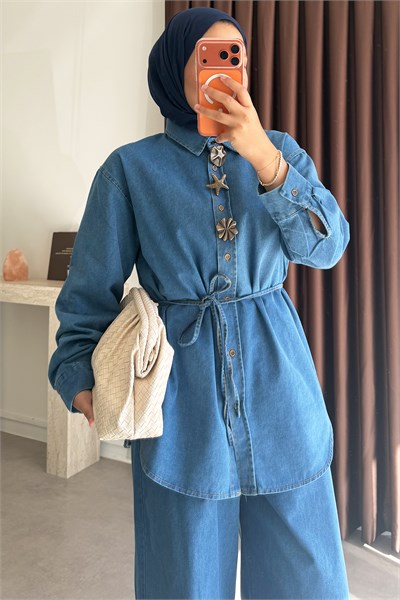 Broşlu Denim Takım - Açık Kot