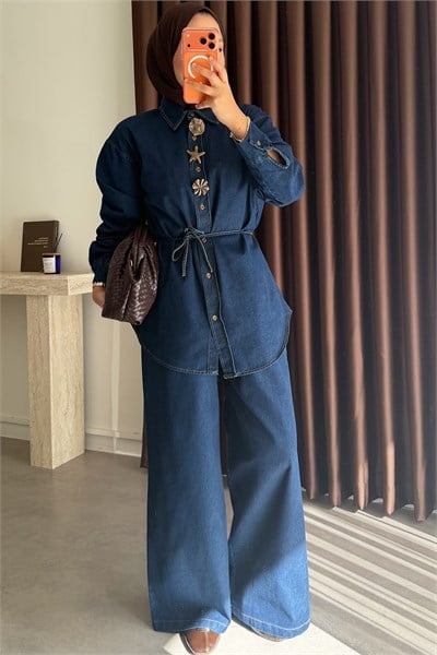 Broşlu Denim Takım - Koyu Kot