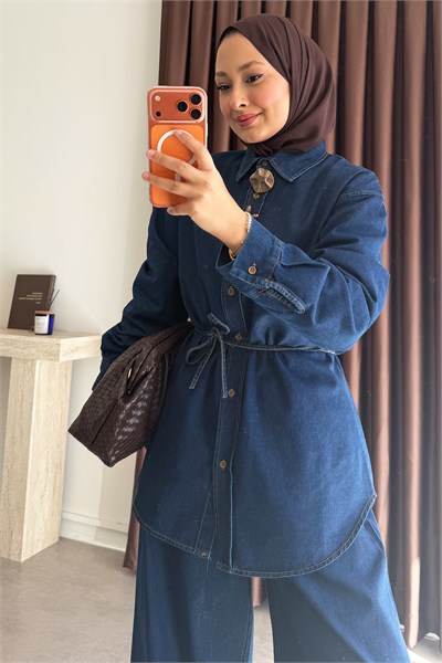 Broşlu Denim Takım - Koyu Kot