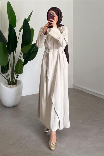 Broşlu Modal Elbise - Bej