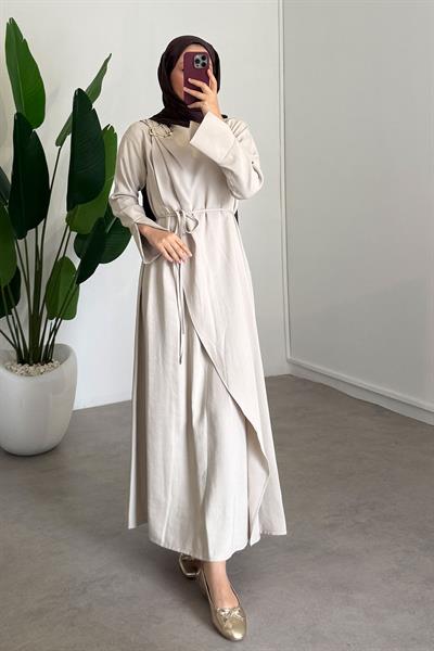Broşlu Modal Elbise - Bej