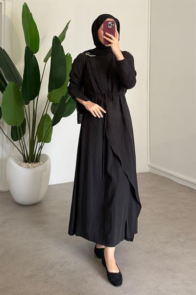 Broşlu Modal Elbise - Siyah