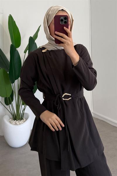 Broşlu Modal Takım - Kahverengi