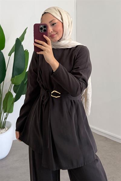 Broşlu Modal Takım - Kahverengi