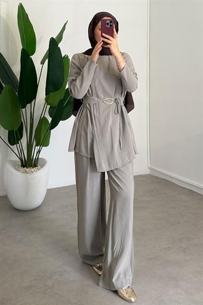 Broşlu Modal Takım - Vizon