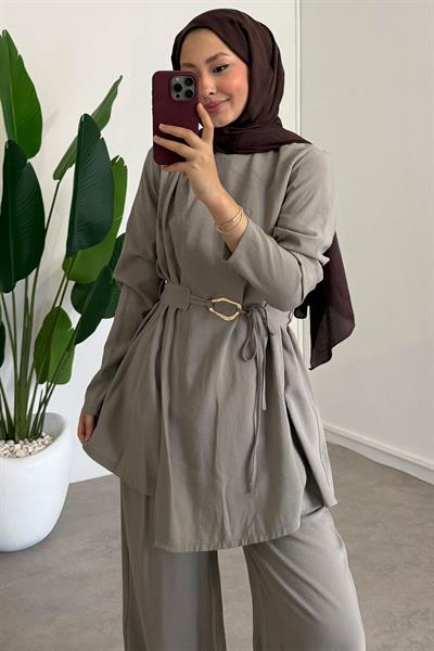 Broşlu Modal Takım - Vizon