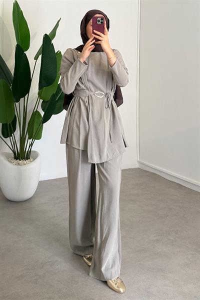 Broşlu Modal Takım - Vizon