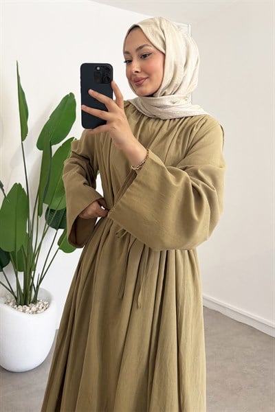 Büzgülü Astarlı Elbise - Olive