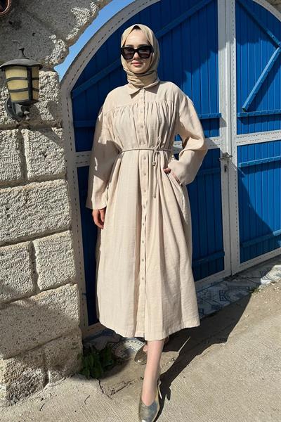 BÜZGÜLÜ ELBİSE 9-51506 - BEJ