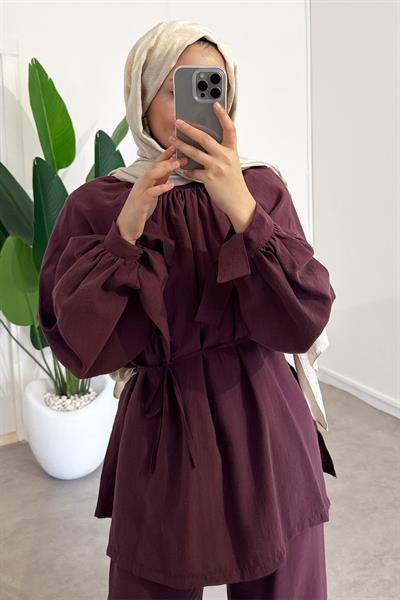 Büzgülü Tunik Takım - Bordo