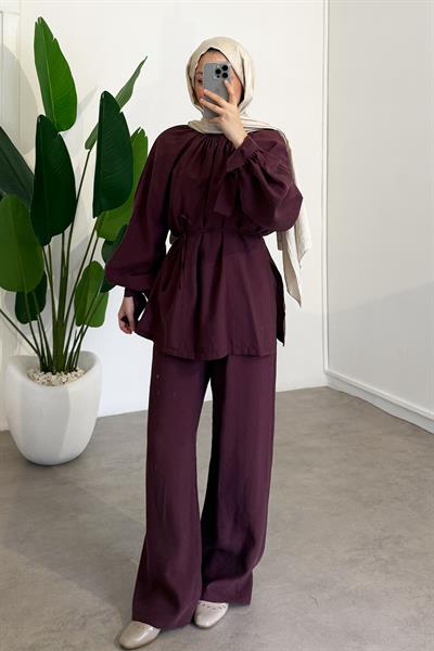 Büzgülü Tunik Takım - Bordo