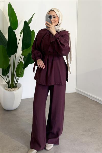 Büzgülü Tunik Takım - Bordo